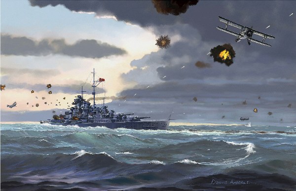 "Бисмарк" отражает нападение британских торпедоносцев "Swordfish"