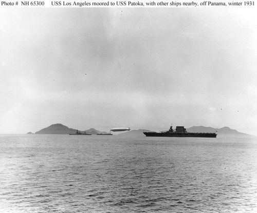 USS "Los Angeles" (ZR-3) (center distance) moored to USS 
"Patoka" (AO-9) off Panama during Fleet Problem XII, circa February 1931