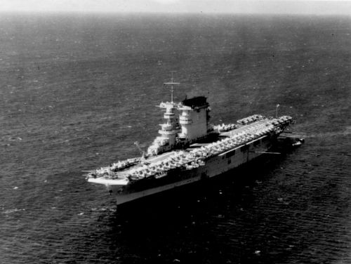 Aerial, Port bow underway, aircraft on deck. August 8, 1938