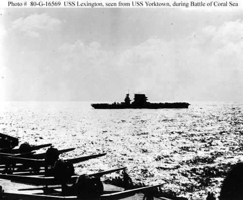 USS "Lexington" (CV-2) during the action, seen from USS "Yorktown" (CV-5), 8 May 1942.
