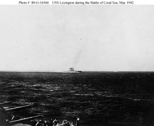 USS "Lexington" (CV-2) underway, probably during the early morning of 8 May 1942.