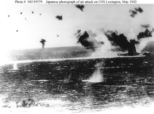 USS "Lexington" (CV-2) under air attack on 8 May 1942, as photographed from a Japanese plane.