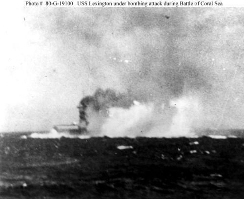 USS "Lexington" (CV-2) under Japanese dive bomber attack, shortly before Noon on 8 May 1942