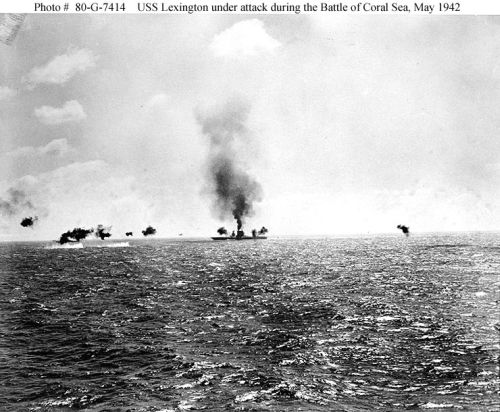 USS "Lexington" hit and burning, during the later part of the Japanese air attack on 8 May.
