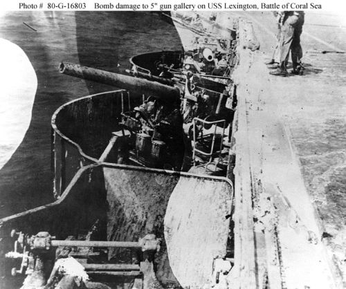 Damage in the port forward 5-inch gun gallery of USS "Lexington" (CV-2)