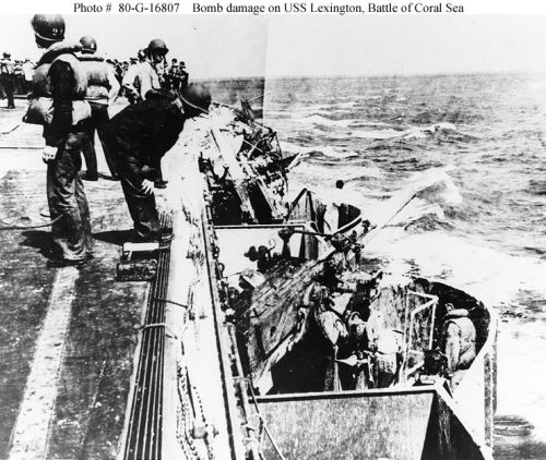 Damage in the port forward 5-inch gun gallery on USS "Lexington" (CV-2)