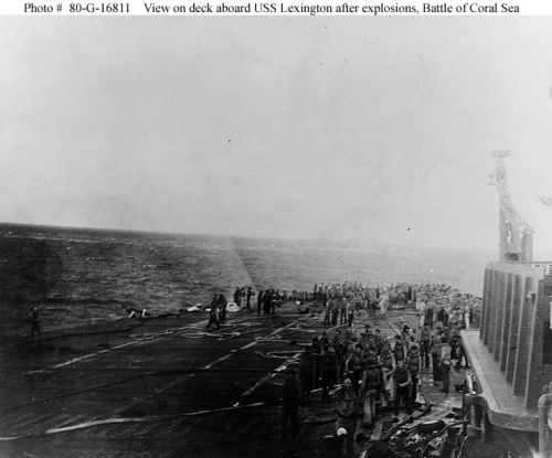View on the flight deck of USS "Lexington" (CV-2), at about 1700 hrs. on 8 May 1942