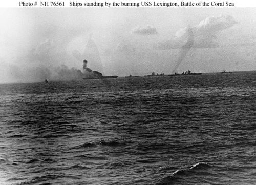 Explosion amidships on USS "Lexington" (CV-2), 8 May 1942