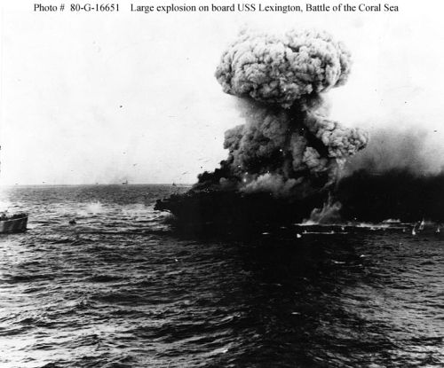 A "mushroom cloud" rises after a heavy explosion on board USS "Lexington" (CV-2), 8 May 1942